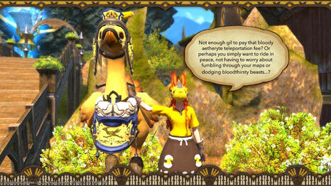 "...In fact, we are so certain of their capacity to deliver you unharmed to your final destination that, should you be attacked (and survive) while riding a chocobo porter, we will refund your rental free in full..."